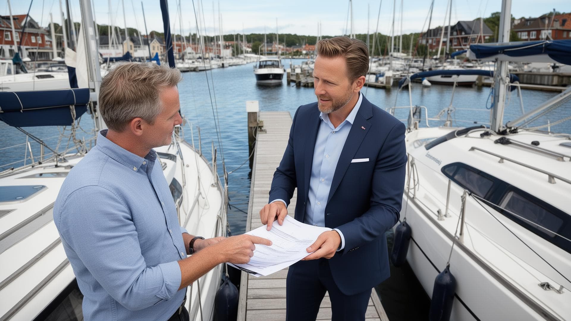 Person som intervjuar en båtmäklare