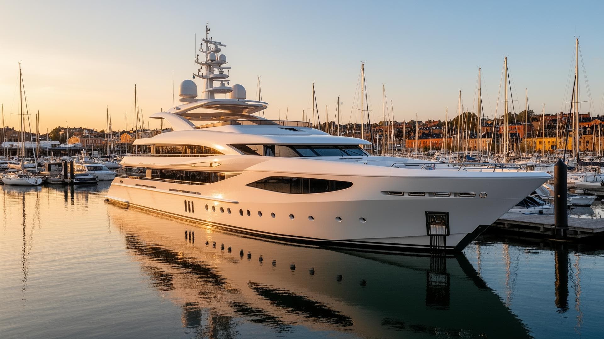 Lyxig yacht förtöjd i marina